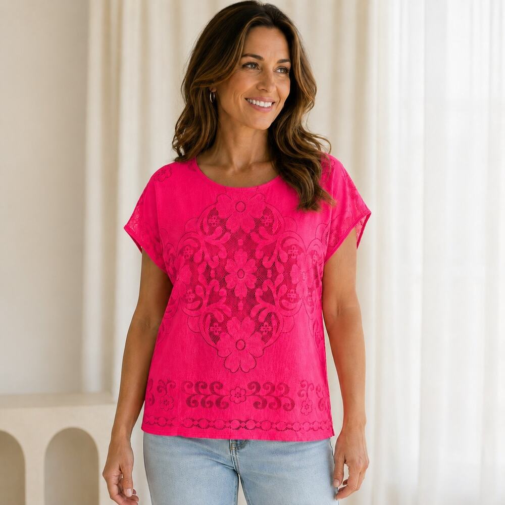 Susan Graver 2X Dark Pink Floral Lace Top Stretch Short Sleeve Blouse QVC